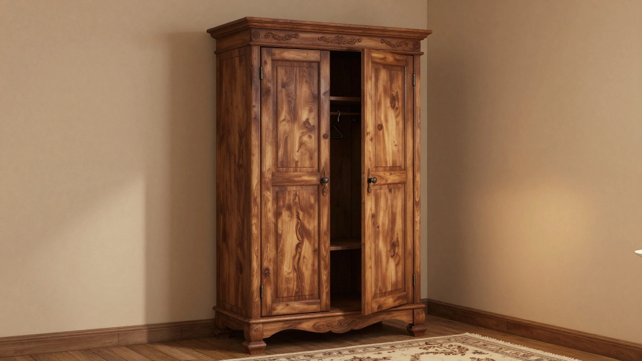 Rustic wooden armoire standing in a cozy, warmly lit bedroom corner