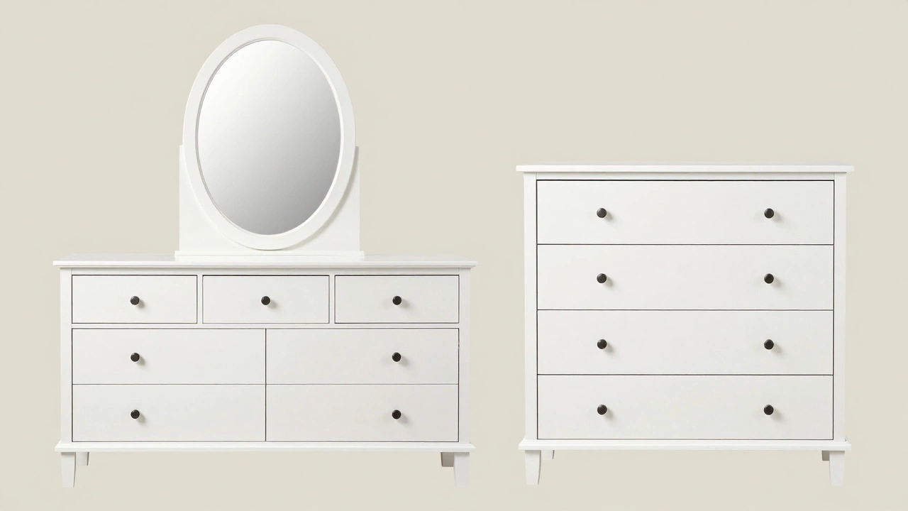 Side-by-side comparison of a wide dresser with mirror and a tall chest