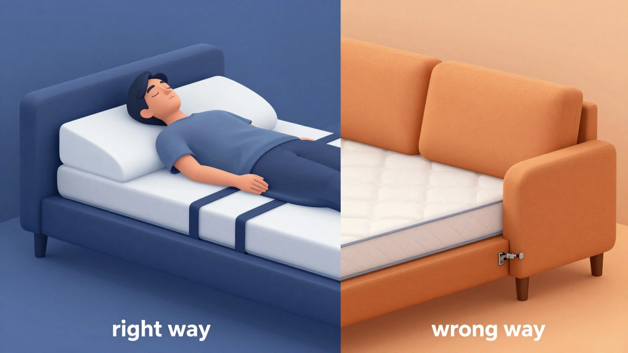 Split view comparing comfortable sleep vs broken sofa mechanism