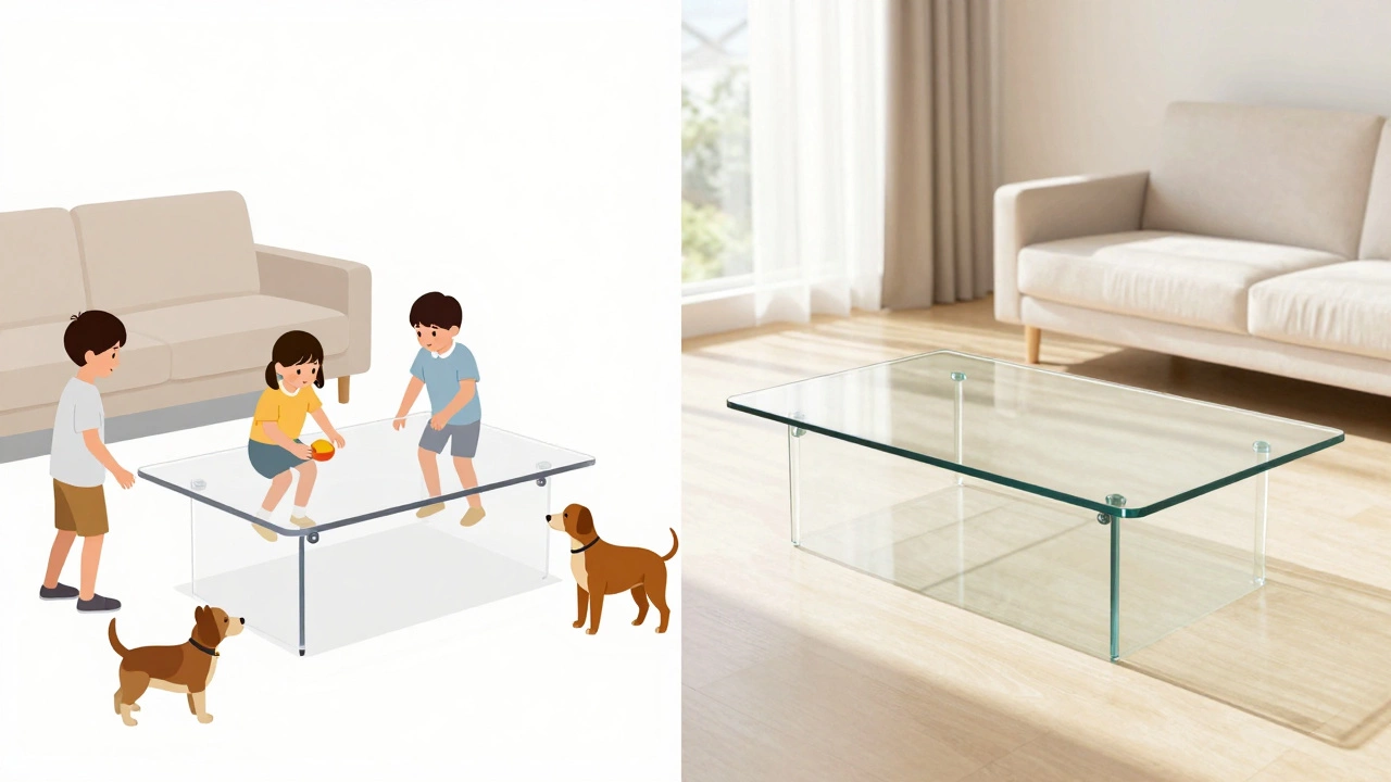 Split view comparing safe acrylic table for families and durable glass table in sunny room.