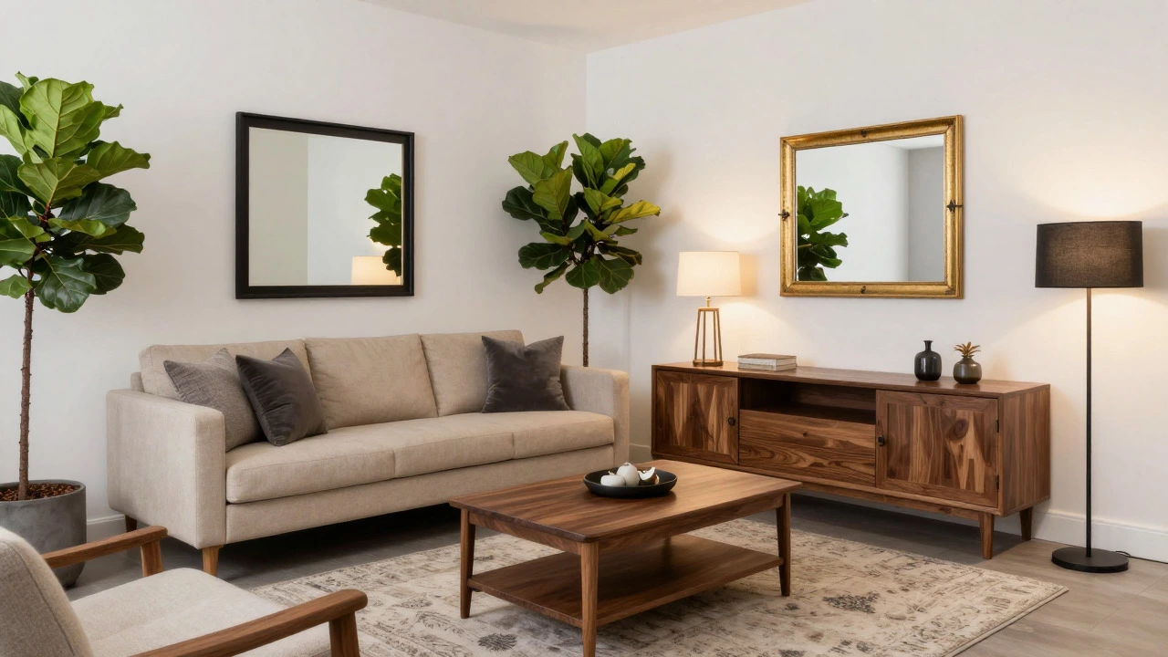 Styled living room with beige sofa and plants