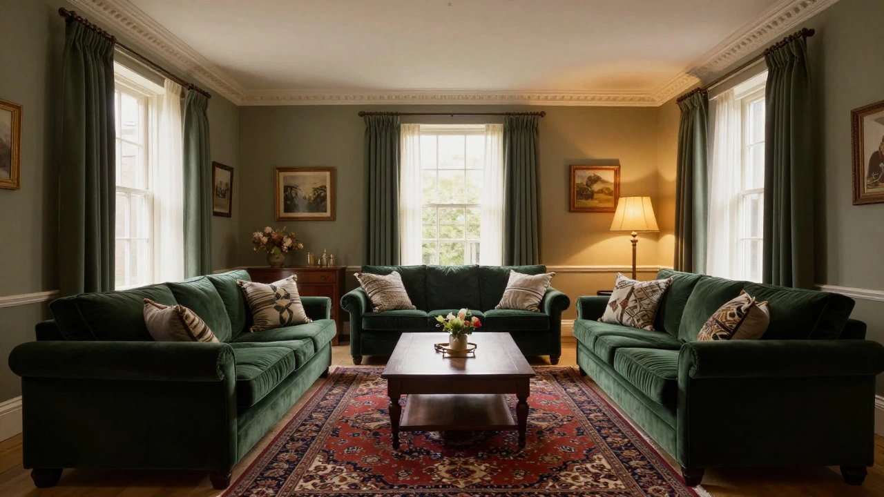 Symmetrical dark green velvet sofa set arranged formally in a traditional British living room.