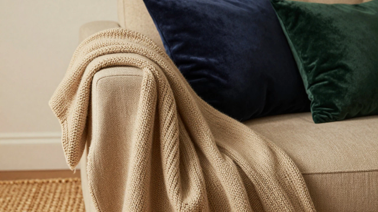 Textured throws and cushions on beige sofa