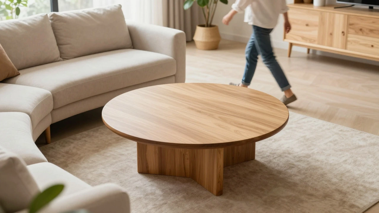 A round wooden coffee table in an open-plan space with a curved sofa