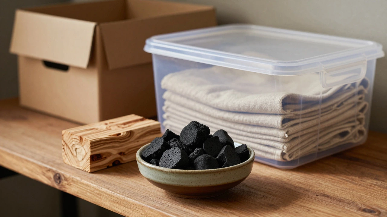 Activated charcoal, cedar wood, and sealed plastic bins for mold prevention