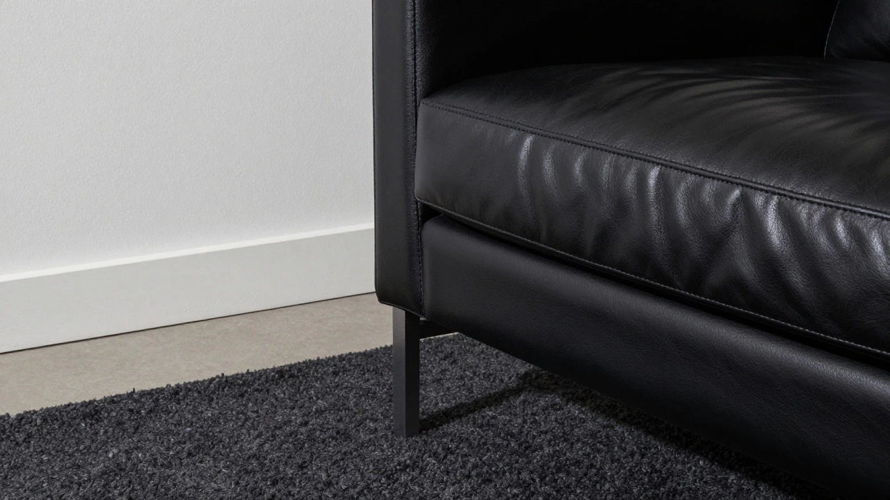 Black leather chair next to a white wall with a textured rug