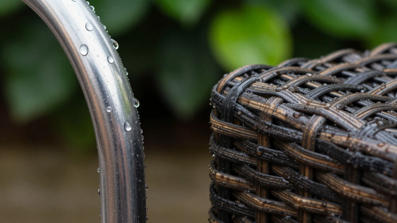 Close-up of rain on aluminum metal and wet wicker textures
