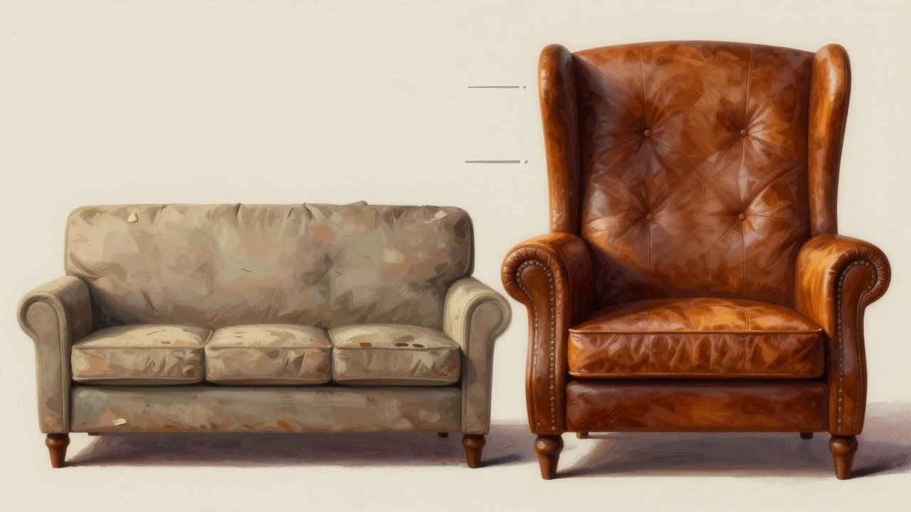Comparison of a worn budget sofa versus a durable high-quality leather sofa