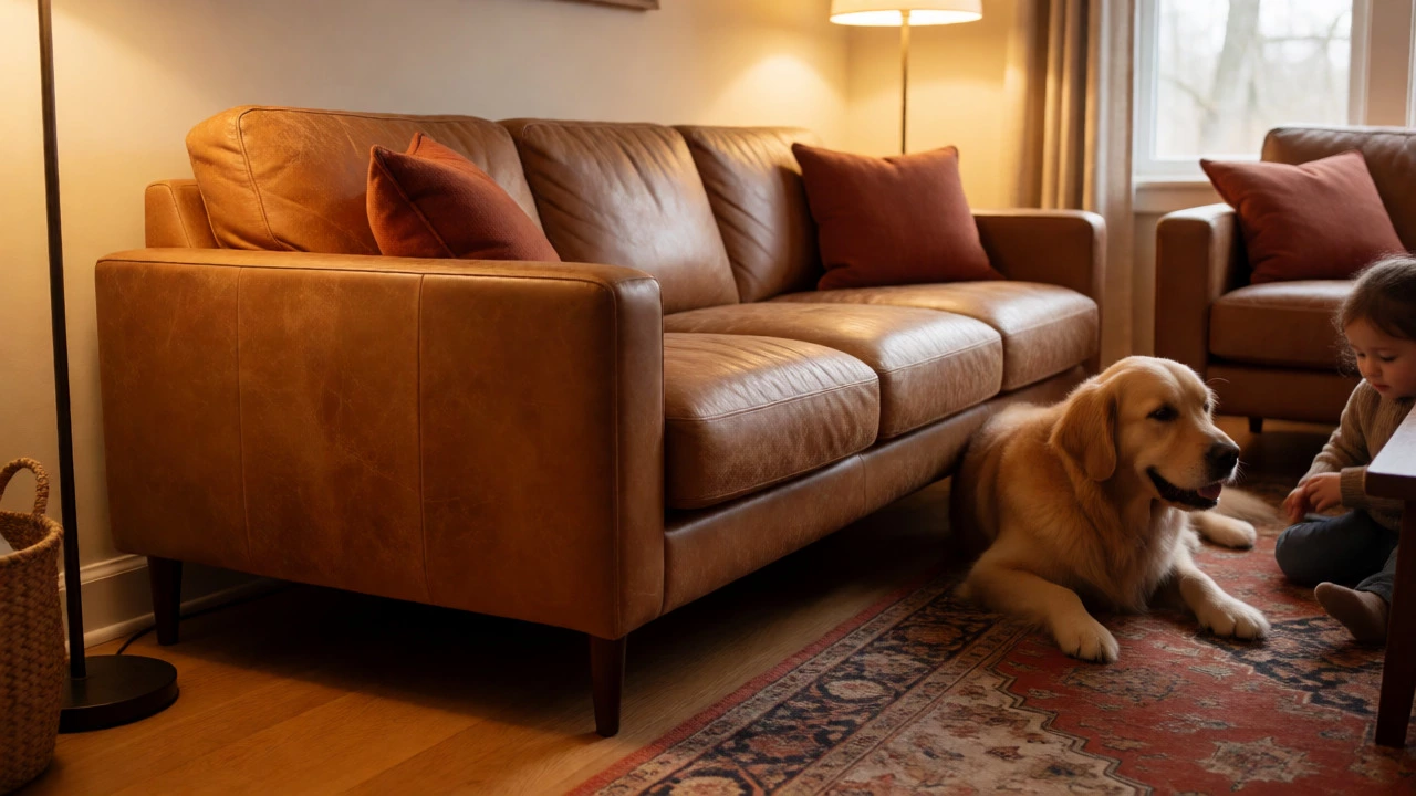Cozy tan leather sofa with dog and child in a warm, family home