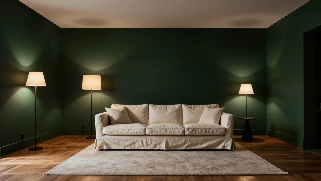 Cream sofa against dark green walls in a well-lit living room
