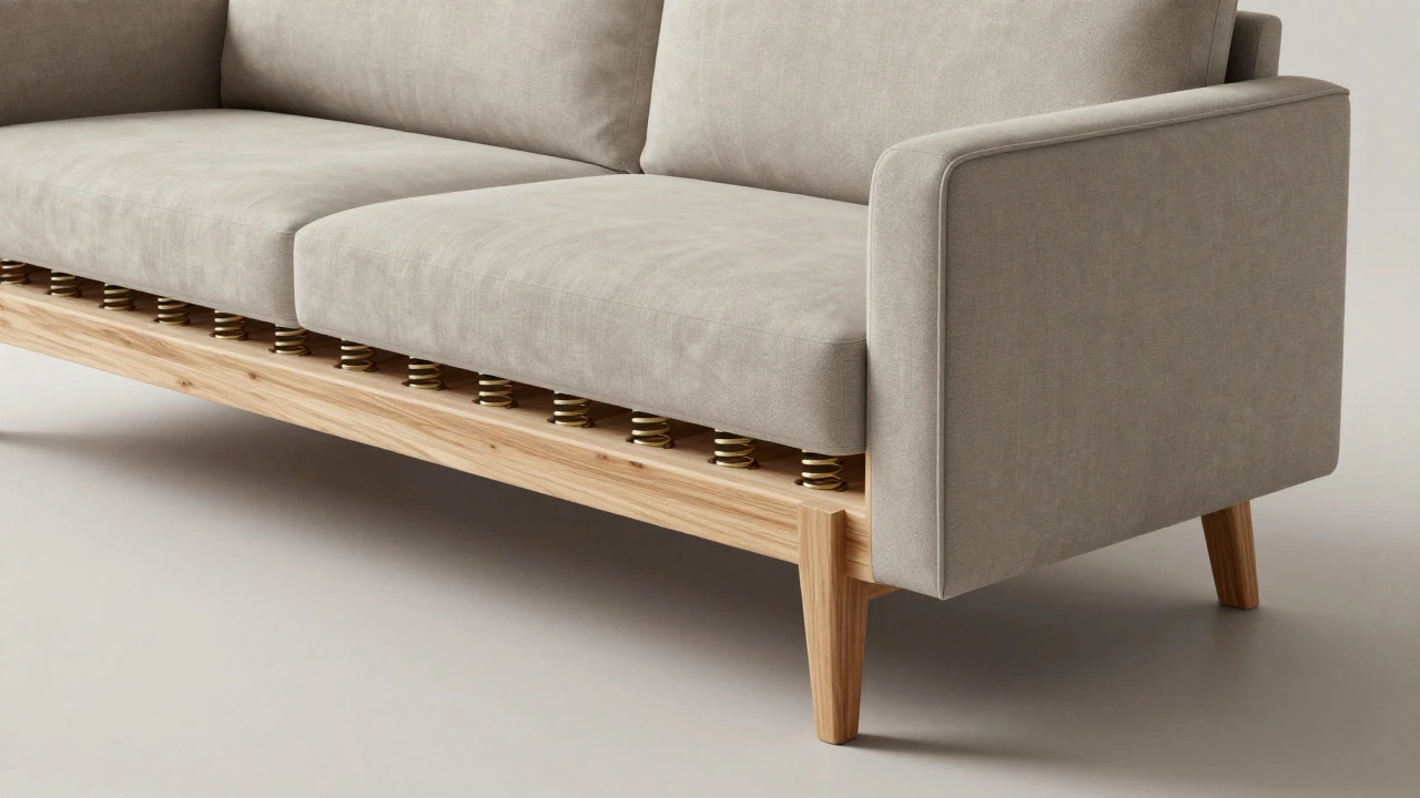Cutaway illustration showing sturdy wooden sofa joints and hand-tied spring suspension
