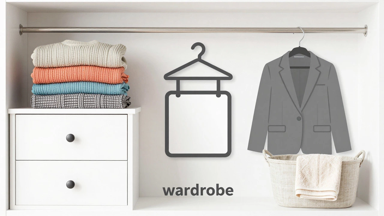 Folded clothes and hangers illustrating storage terms