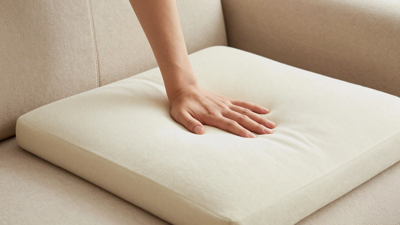 Hand pressing into a durable sofa cushion to test foam density and rebound