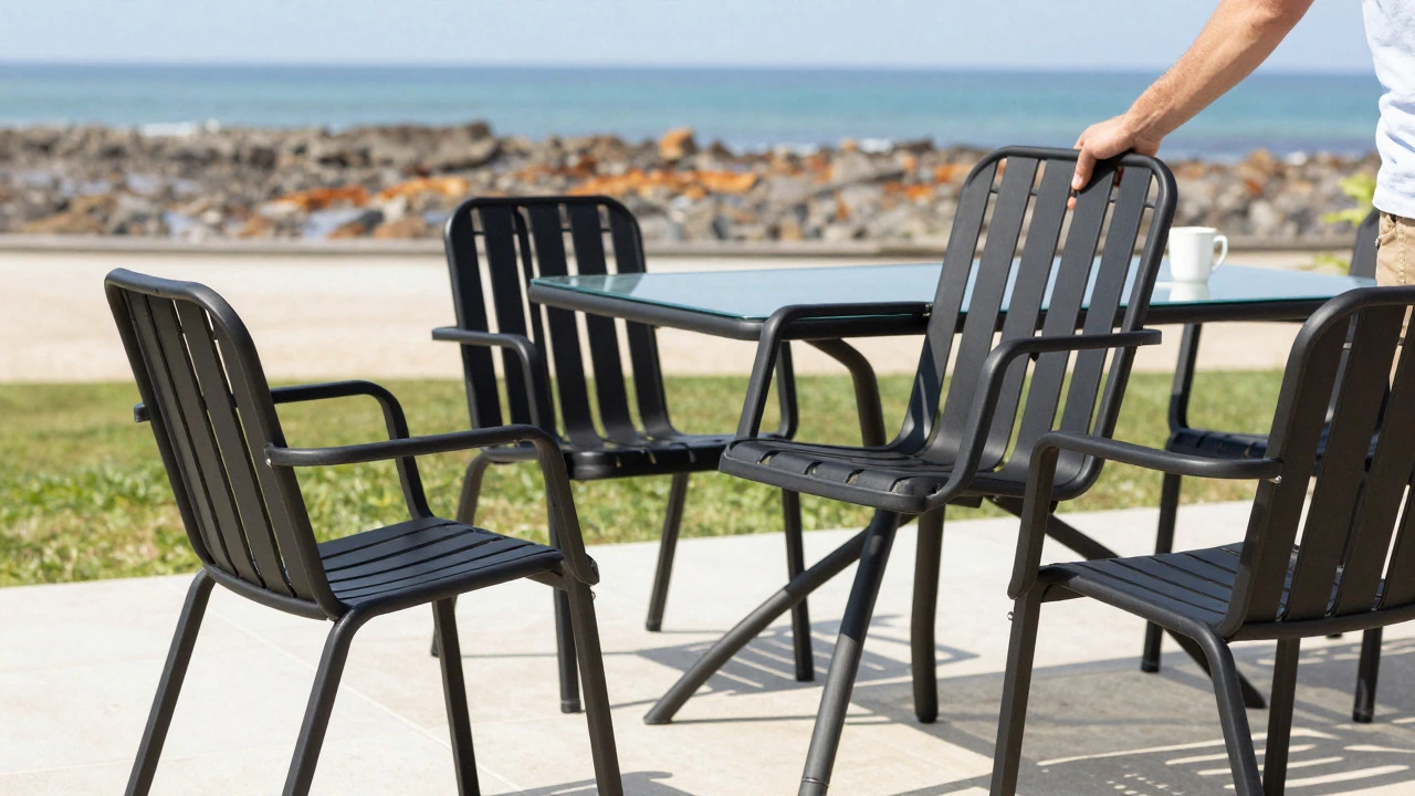 Lightweight powder-coated aluminum patio chairs in a sunny backyard setting