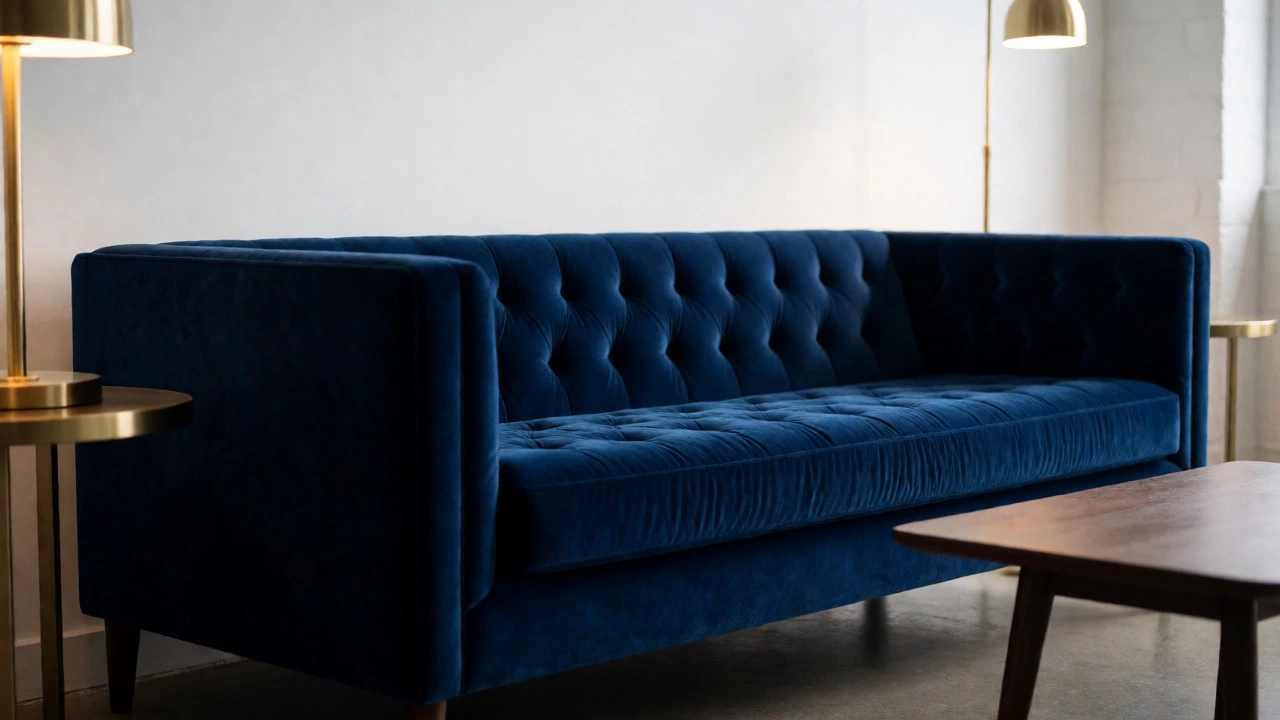 Luxurious navy blue velvet sofa in a high-contrast open-plan loft