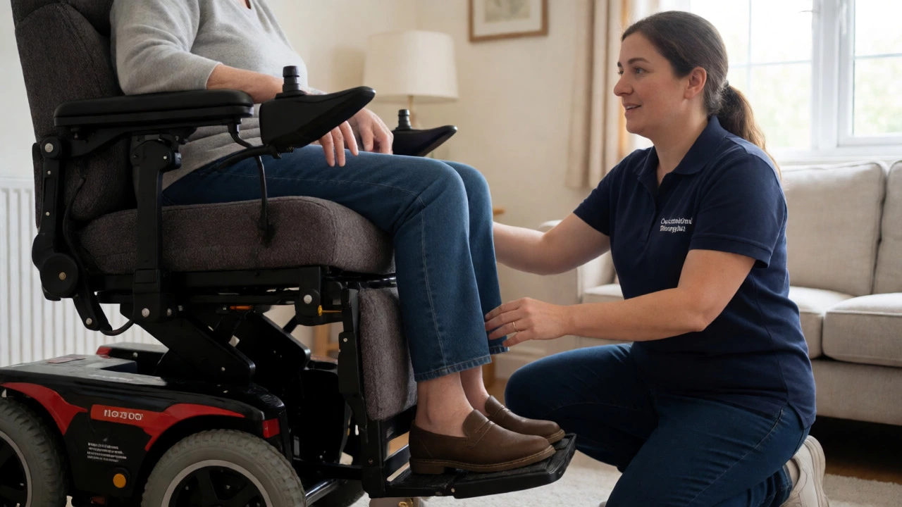 Occupational therapist assessing a patient using a motorized lift chair at home
