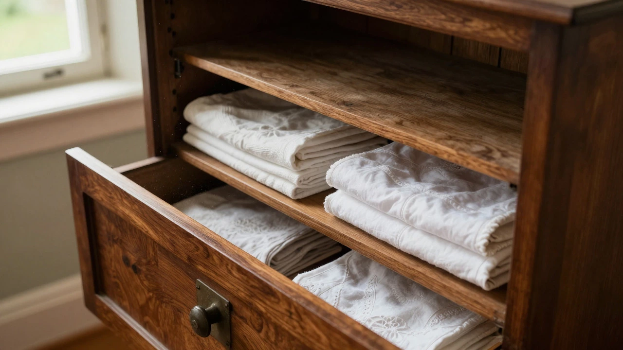 Open antique linen press displaying folded fabrics on wooden shelves