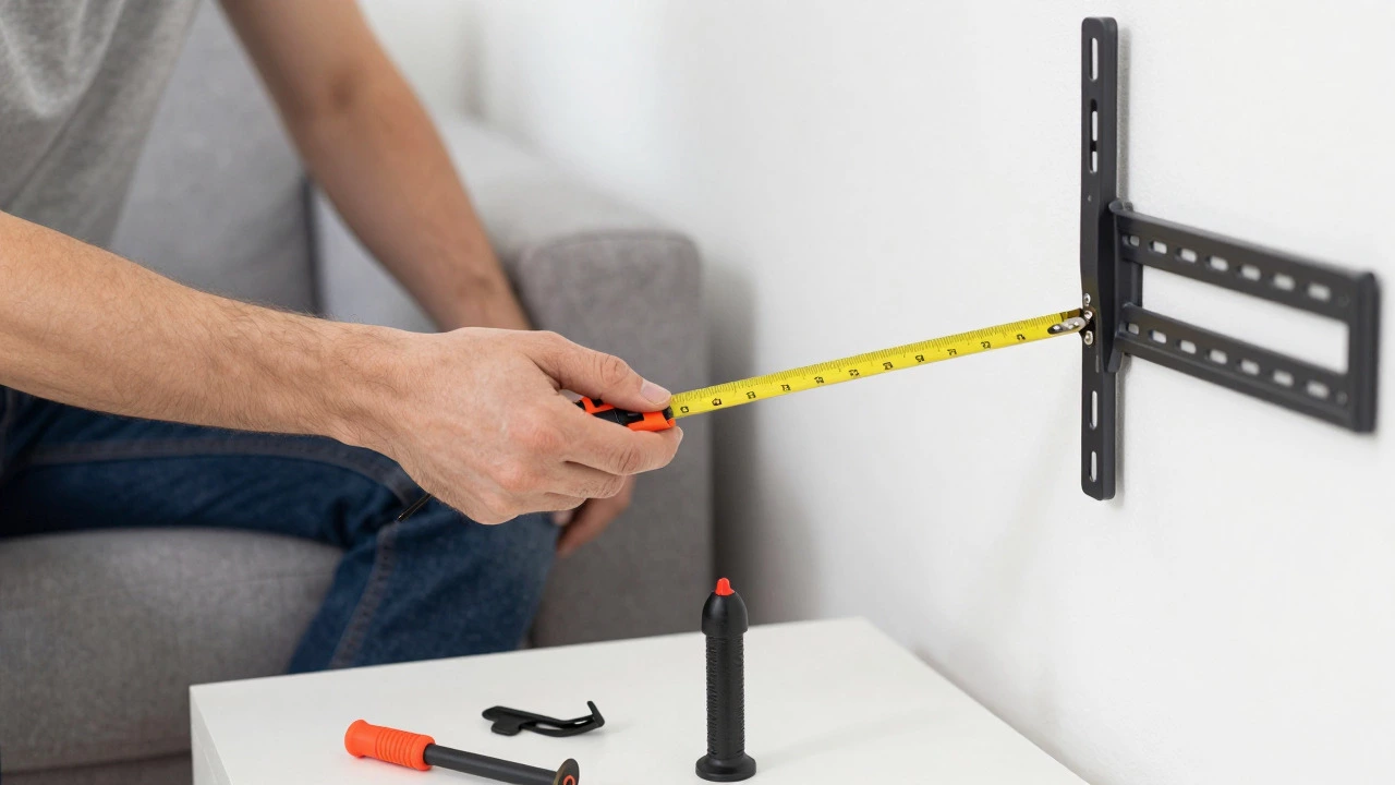 Person measuring wall height for TV installation with tools nearby