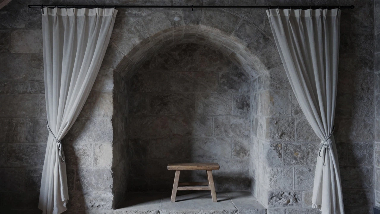 Recessed stone alcove with curtains in a historic UK home