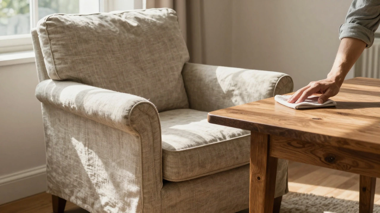 Sunlit living room with aged linen chair and walnut table demonstrating long-term durability