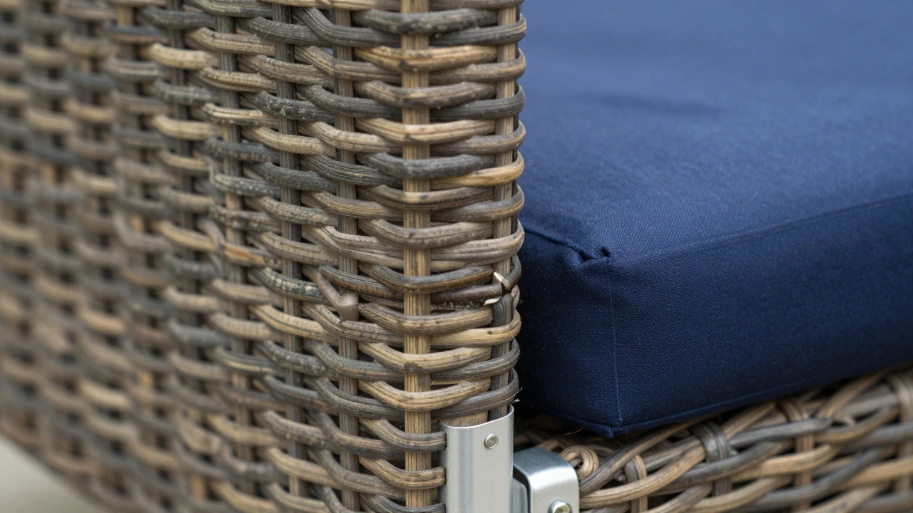 Tightly woven synthetic wicker and durable navy outdoor cushion fabric detail