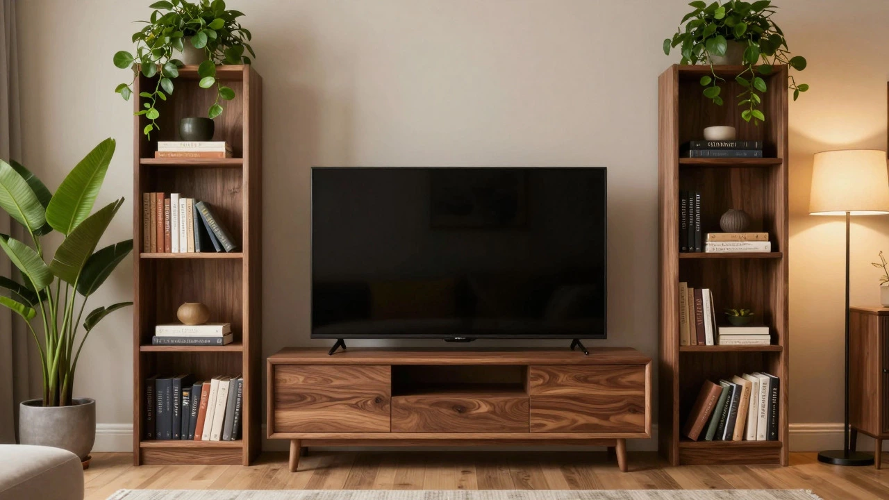 TV stand flanked by shelves and plants to create visual balance