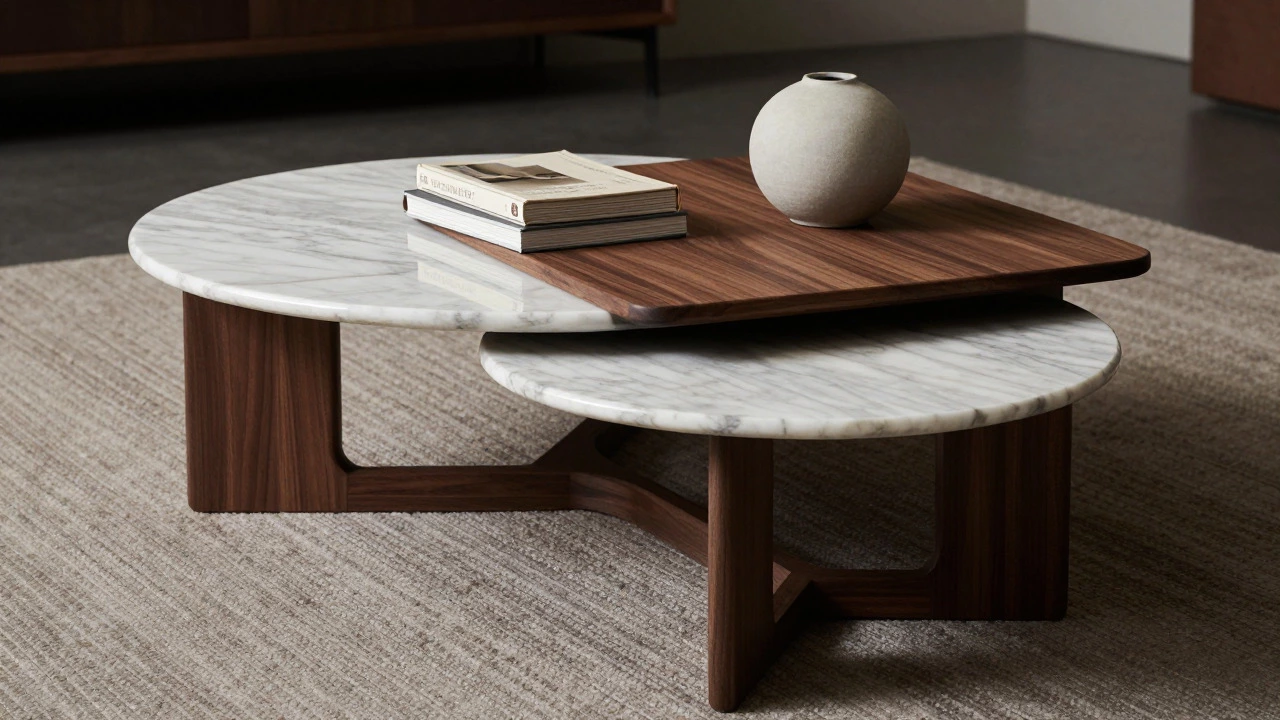 Two nesting coffee tables, one square and one round, displayed together