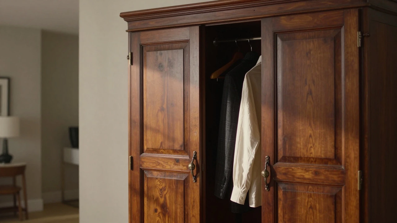 Vintage mahogany armoire with clothes inside