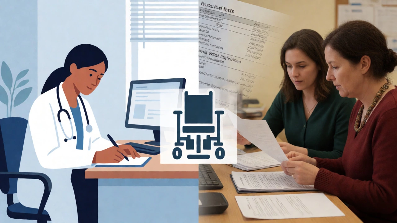 Visual metaphor connecting doctor's diagnosis with social services funding assessment