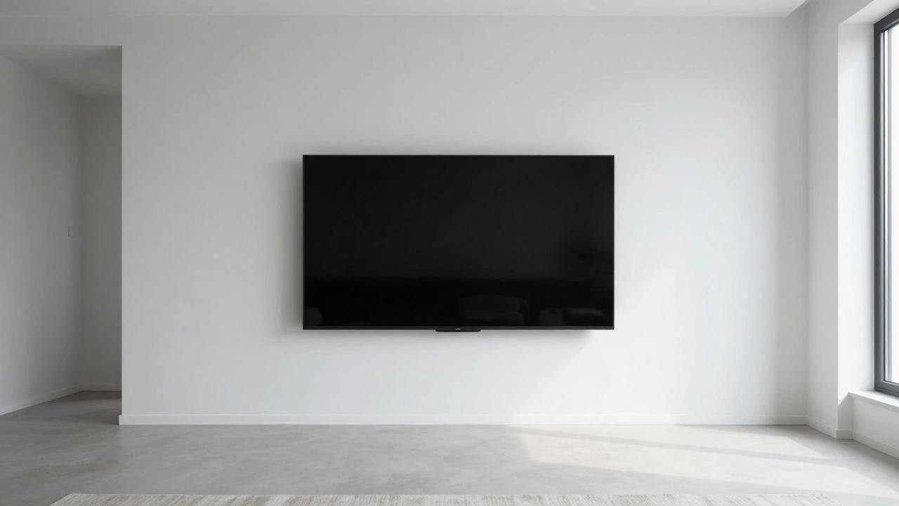 Wall-mounted TV floating above an empty floor in a minimalist bedroom