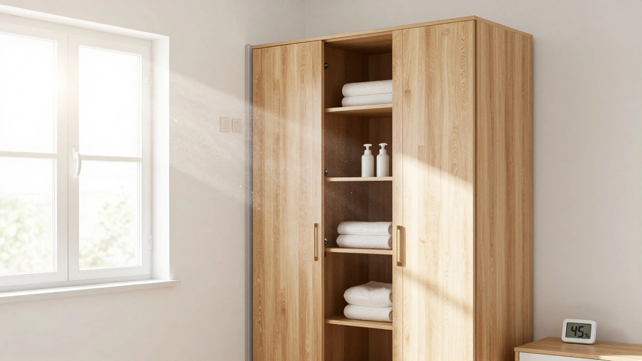 Wardrobe placed away from wall for airflow with sunlight streaming in