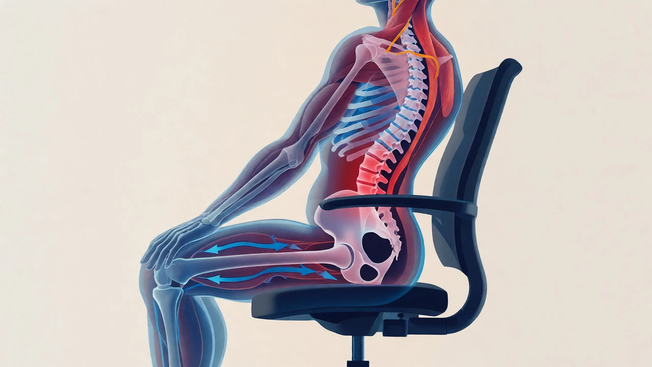 Anatomical view of spine stress and circulation issues from high seating
