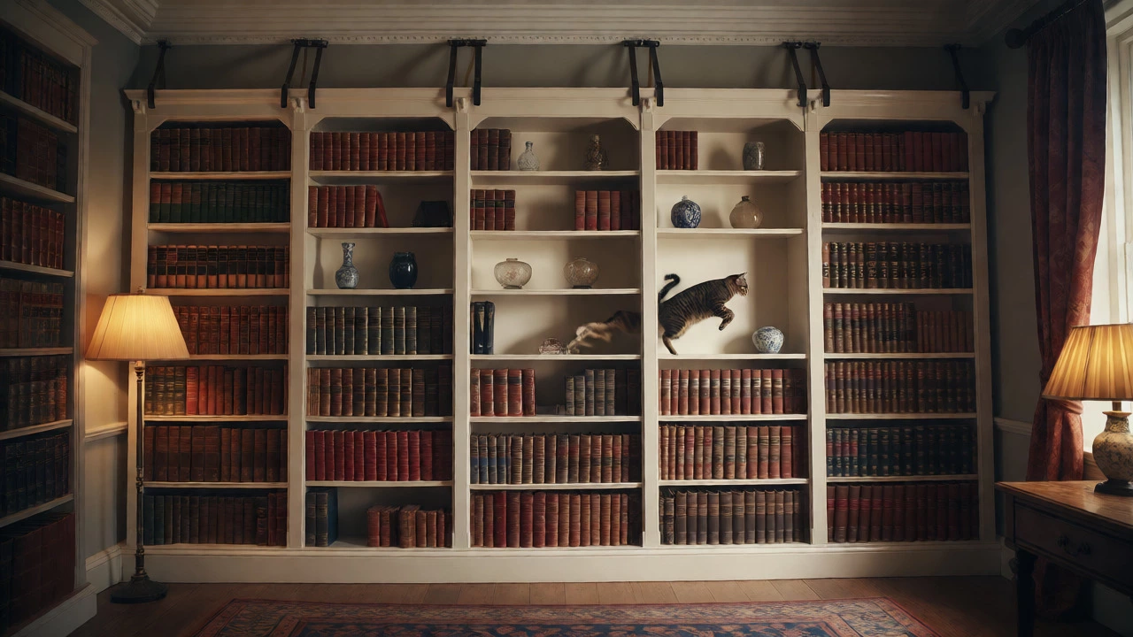 Cat jumping onto a securely anchored bookshelf in a cozy study.