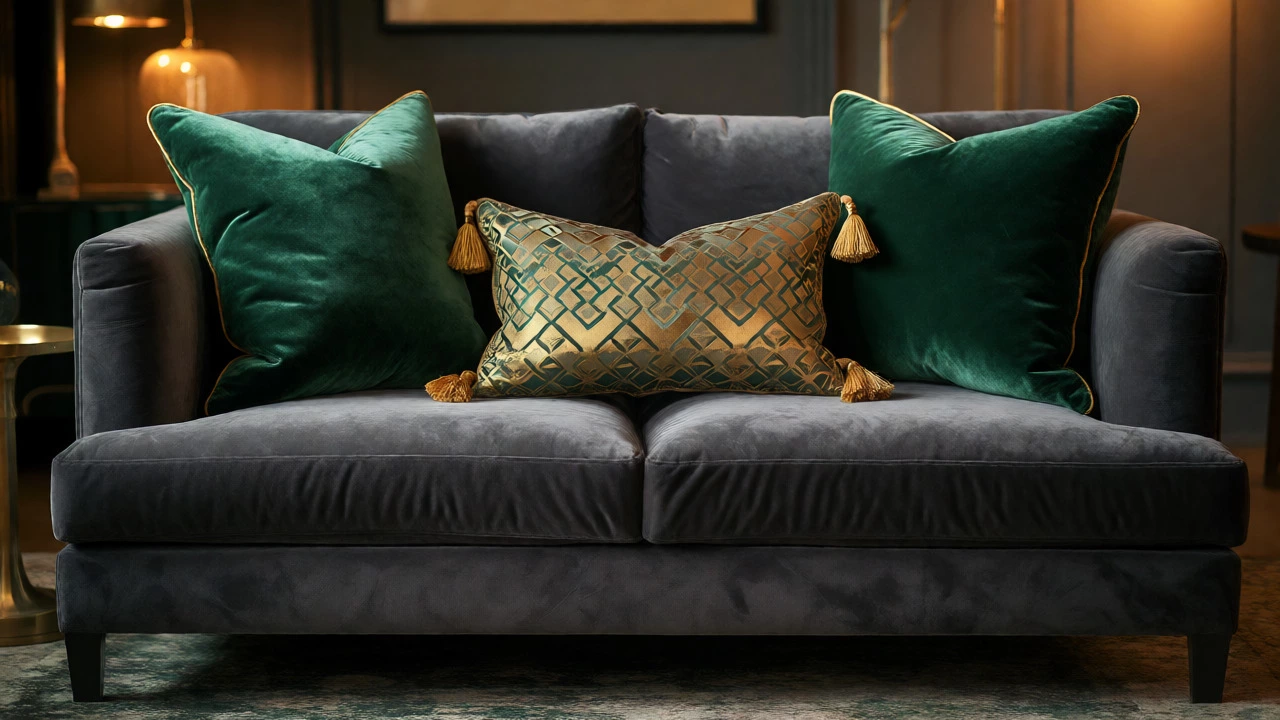 Charcoal grey velvet sofa styled with emerald green and gold accent pillows