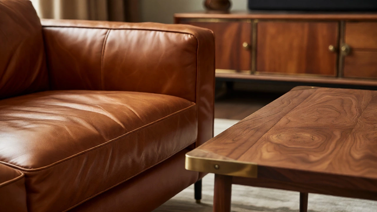 Close-up of a cognac leather sofa coordinated with a mahogany and brass coffee table.