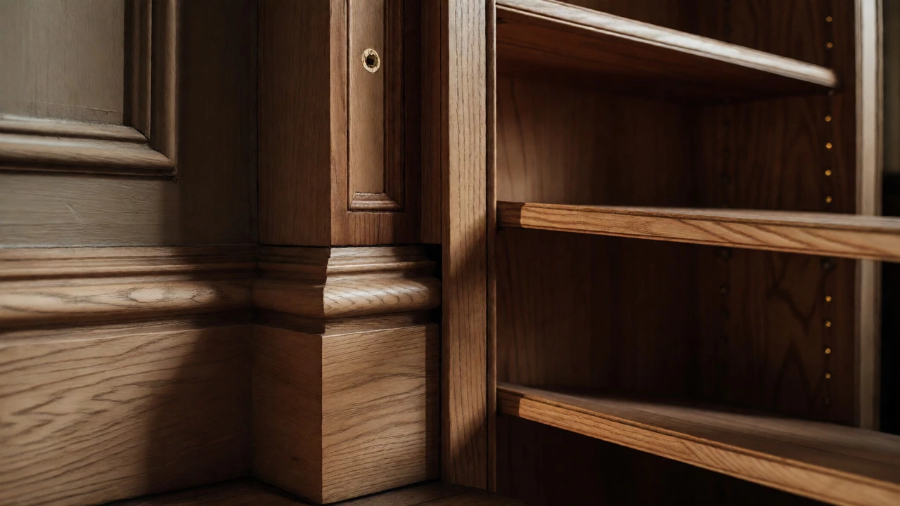 Close-up of custom millwork detailing on built-in bookshelves