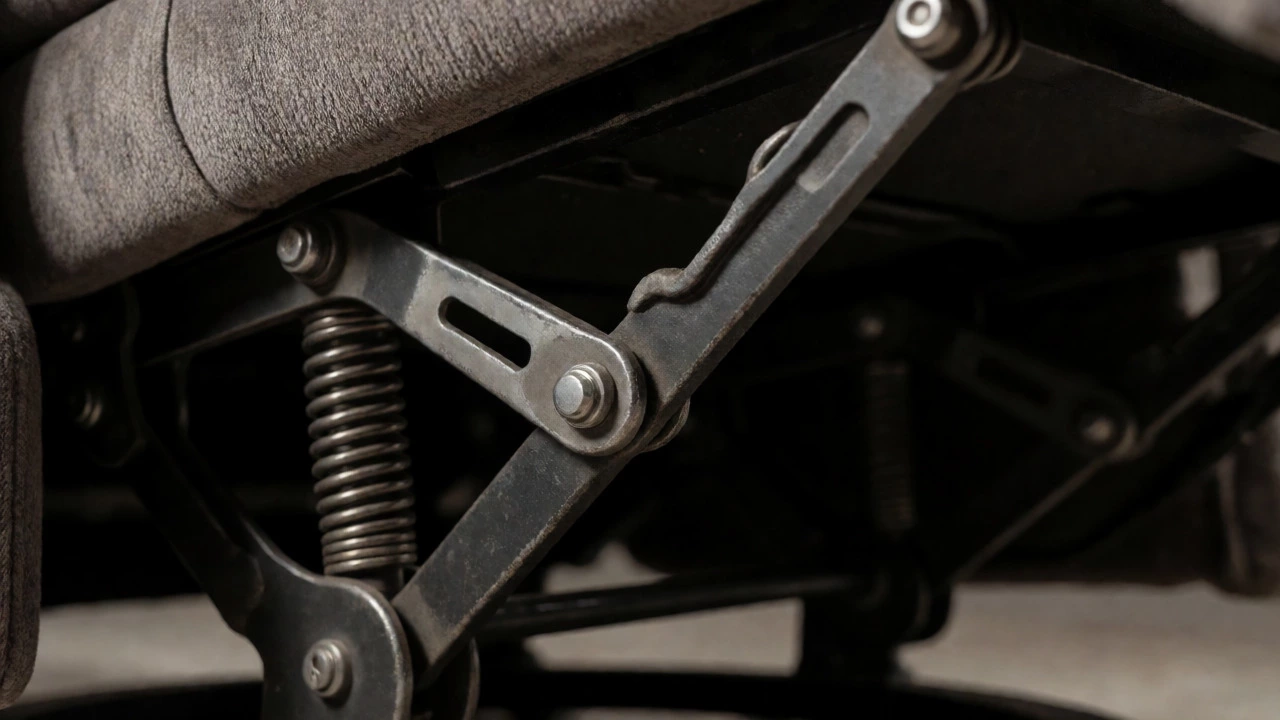 Detailed view of the metal mechanism and springs under a recliner
