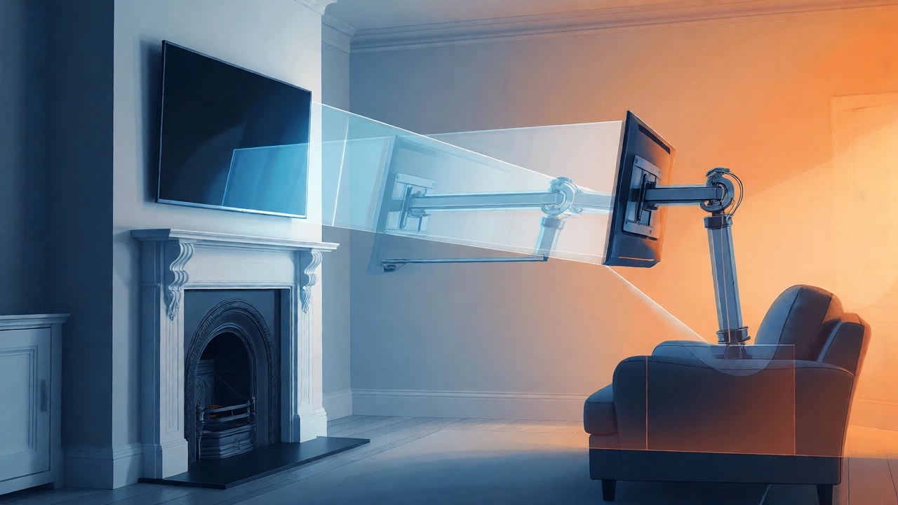 Diagram comparing high TV mount strain vs tilted comfort above fireplace