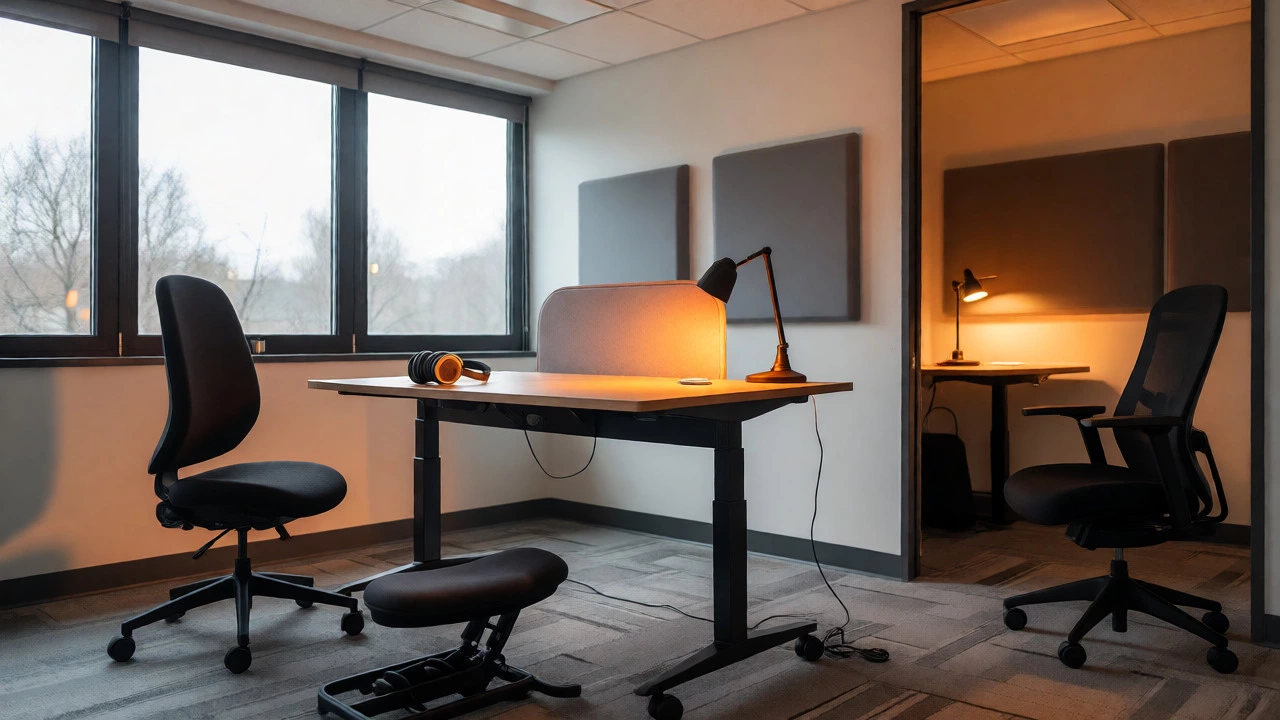 Flexible neuro-inclusive workspace with standing desk, kneeling chair, and noise-reducing features.
