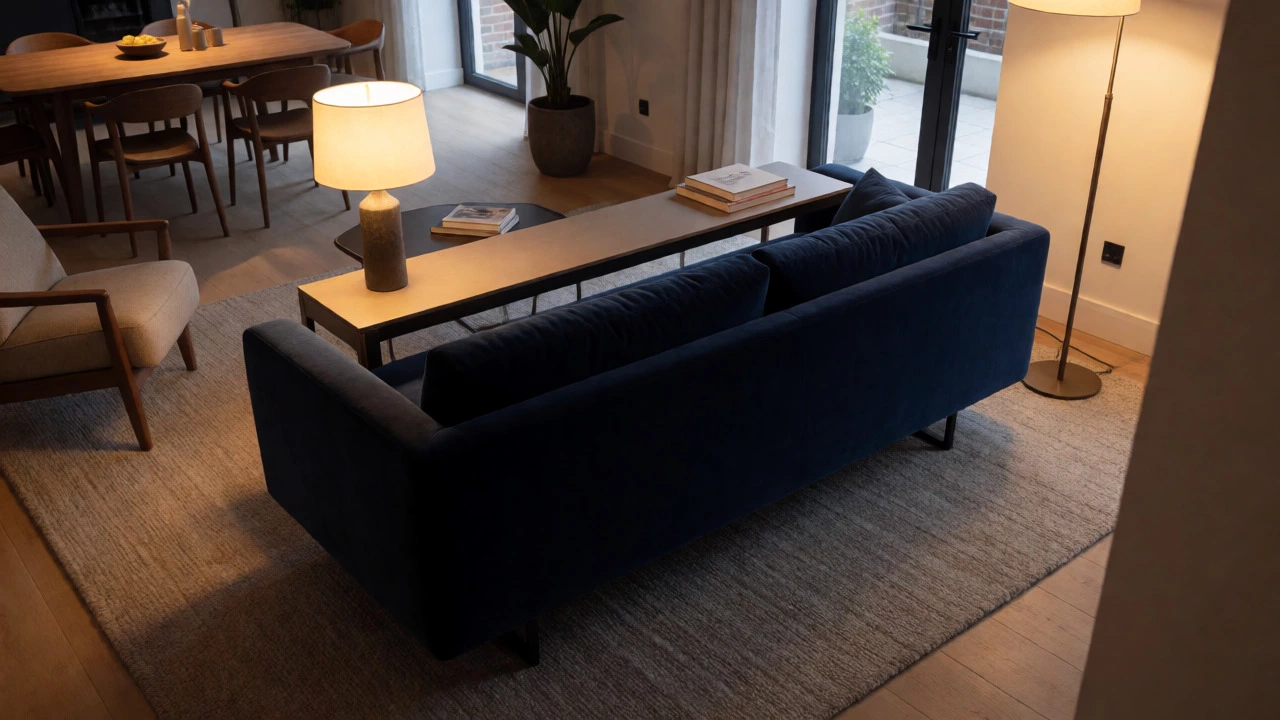 Floating sofa with console table dividing open-plan living and dining areas