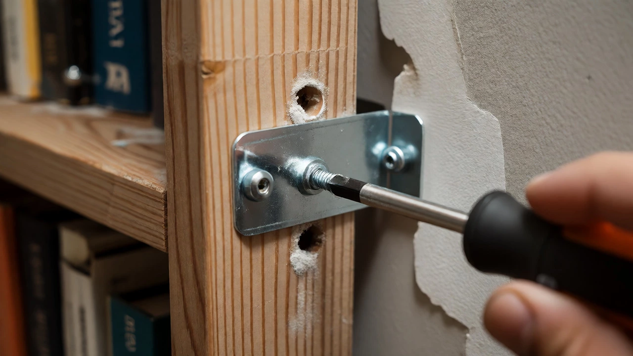 Hand installing a metal anti-tip bracket into a wall stud behind a bookcase.