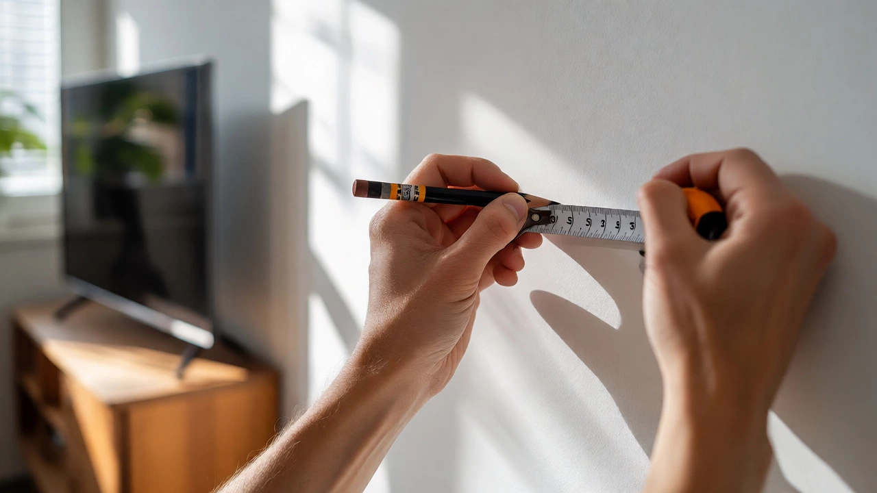 Hands measuring wall height for TV installation with tape measure