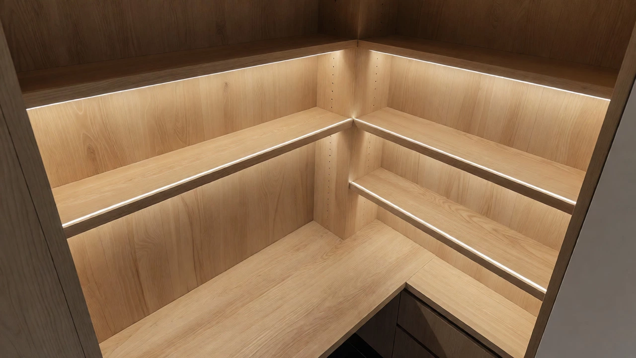 Home office with built-in shelves, desk, and integrated LED lighting