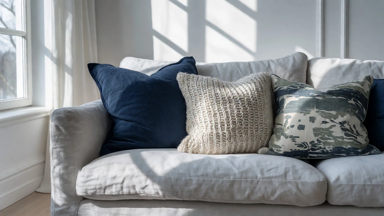 Light grey linen sofa with navy, cream knit, and sage patterned textured pillows