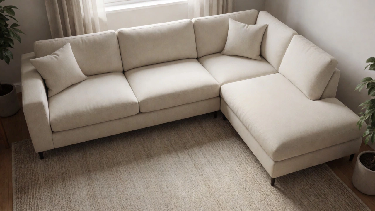 Living room with corner sofa angled diagonally away from the entrance