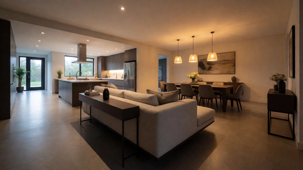 Open-plan living area with floating corner sofa backed by console table