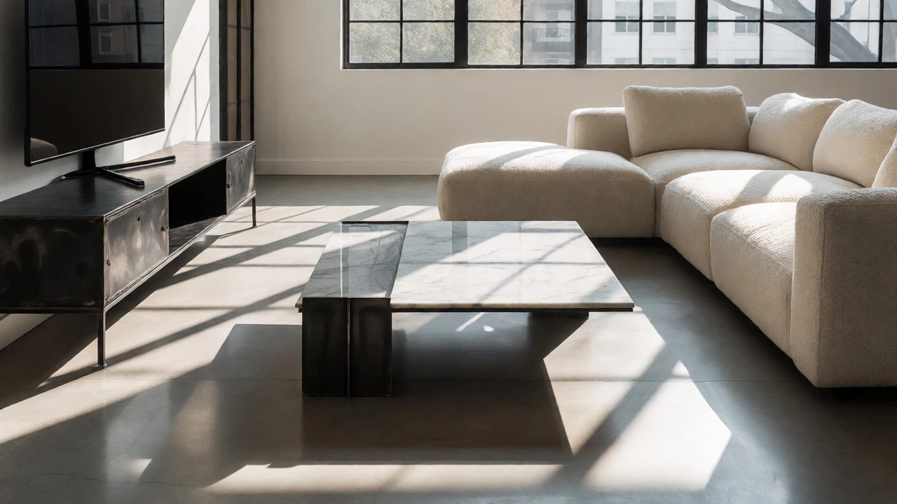 Open-plan living room with a marble and steel bridge coffee table linking sofa and TV unit.