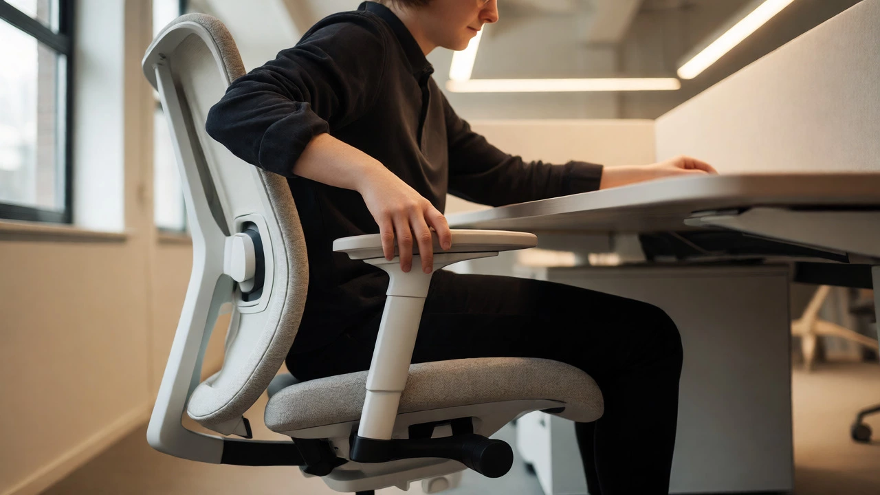 Person adjusting a soft-fabric ergonomic chair in a warmly lit, minimalist office setting.
