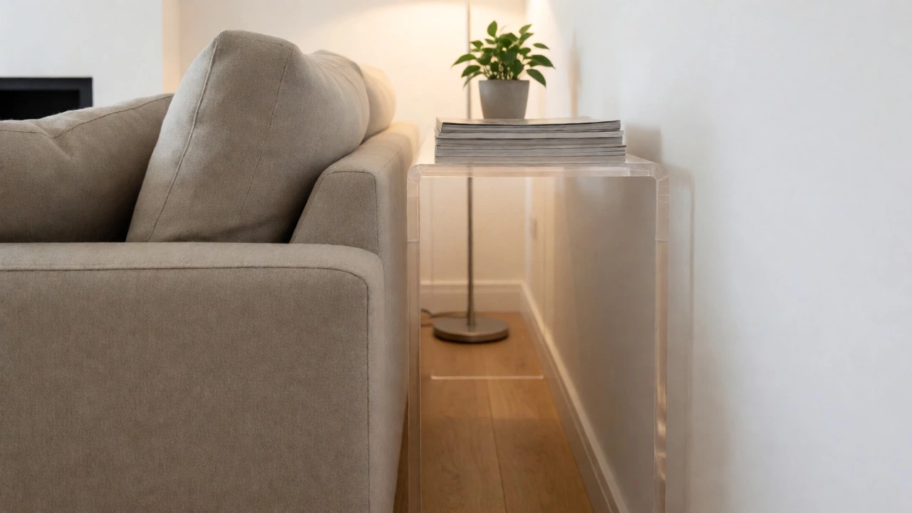 Side view of sofa slightly off wall with clear acrylic console behind