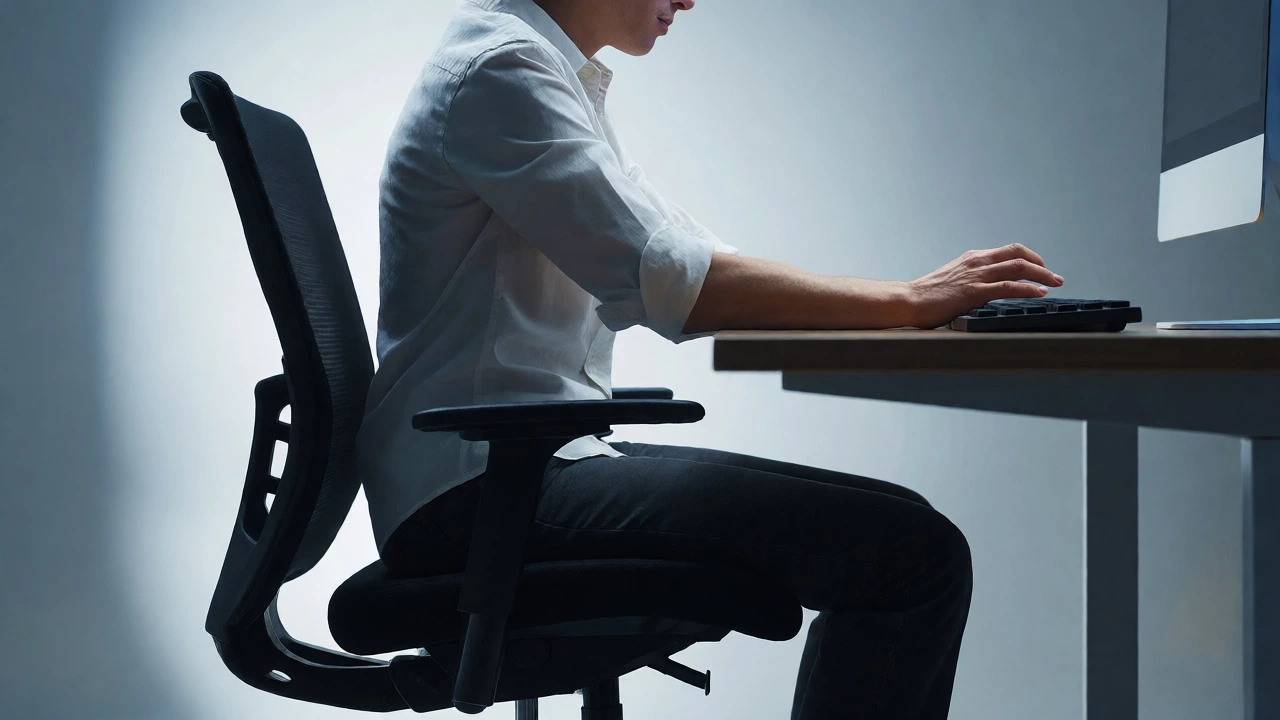Slouched posture with raised shoulders due to high office chair misalignment